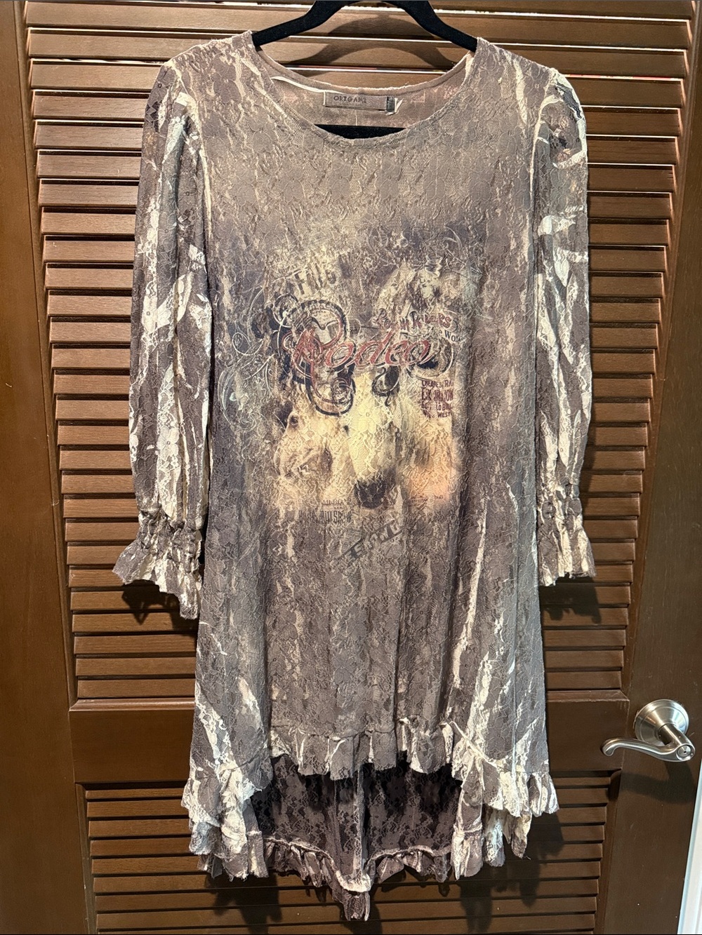 NWOT. Oasis Lace-Overlay Ruffle Hem Blouse Dress - Taupe